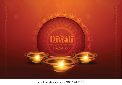 Happy Diwali with Oil lamp, Decorated Diya, Rangoli, Background, Bokeh Sparkling Effect