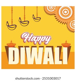 Happy Diwali  With Oil Lamp. Flat vector modern illustration 