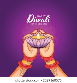 Lámpara de aceite de diwali feliz para la mano de las mujeres que sostiene el fondo de diya