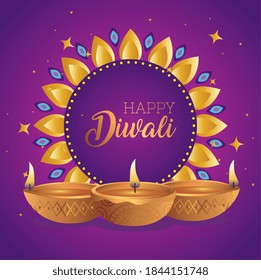 Happy diwali on flower with diya candles design, Festival of lights theme Vector illustration