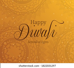 Happy diwali on orange with mandalas background design, Festival of lights theme Vector illustration