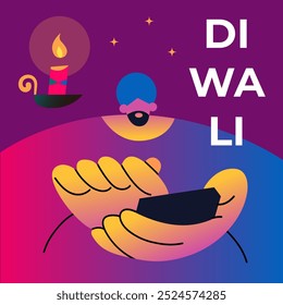Happy Diwali Online. Hindu festival modern design with man in app diya, oil lamps and typography. Vector illustration for greeting card, poster, cover, banner.