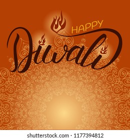 Happy diwali with ornament of rangoli. Hand drown lettering with fire. Creative diwali festival template design.