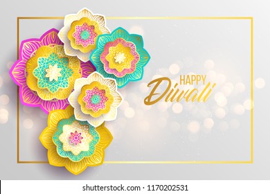 Happy Diwali. Paper Graphic of Indian Rangoli. Rangoli - A traditional Indian art of decorating the entrance to a house. Diwali festival holiday design with paper cut style of Indian Rangoli. 