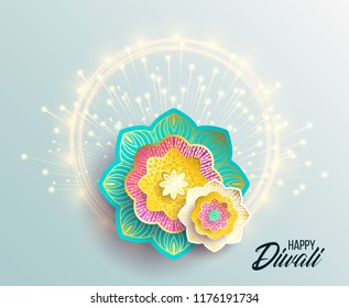 Happy Diwali. Paper Graphic of Indian Rangoli. Rangoli - A traditional Indian art of decorating the entrance to a house. Diwali festival holiday design with paper cut style of Indian Rangoli. 