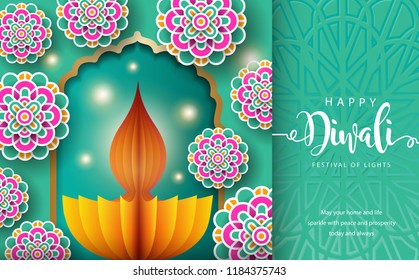 Happy Diwali. Paper Graphic of Indian Diya Oil Lamp Design. The Festival of Lights.