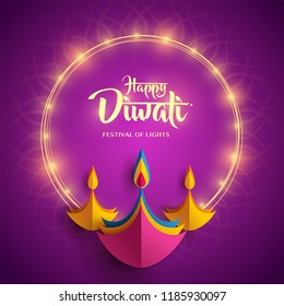 Happy Diwali. Paper Graphic of Indian Diya Oil Lamp Design. Indian festival of lights. 