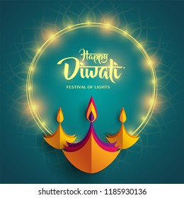 Happy Diwali. Paper Graphic Of Indian Diya Oil Lamp Design. Indian Festival Of Lights. 