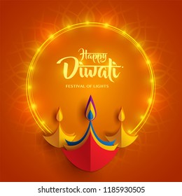 Happy Diwali. Paper Graphic Of Indian Diya Oil Lamp Design. Indian Festival Of Lights. 