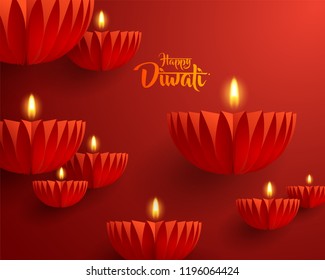 Happy Diwali. Paper graphic of Indian Diya oil lamp design. The Indian festival of lights.