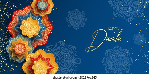 Happy Diwali. Paper Graphic of Indian Rangoli. Rangoli - A traditional Indian art of decorating the entrance to a house. Diwali festival holiday design with paper cut style of Indian Rangoli. 