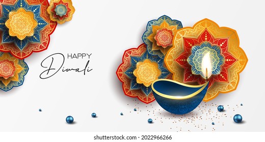 Happy Diwali. Paper Graphic of Indian Rangoli. Rangoli - A traditional Indian art of decorating the entrance to a house. Diwali festival holiday design with paper cut style of Indian Rangoli. 