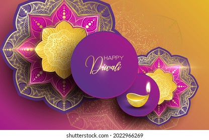 Happy Diwali. Paper Graphic of Indian Rangoli. Rangoli - A traditional Indian art of decorating the entrance to a house. Diwali festival holiday design with paper cut style of Indian Rangoli. 
