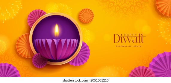 Happy Diwali. Paper graphic of Indian Diya oil lamp design with round border frame on Indian festive theme big banner background. The Festival of Lights.