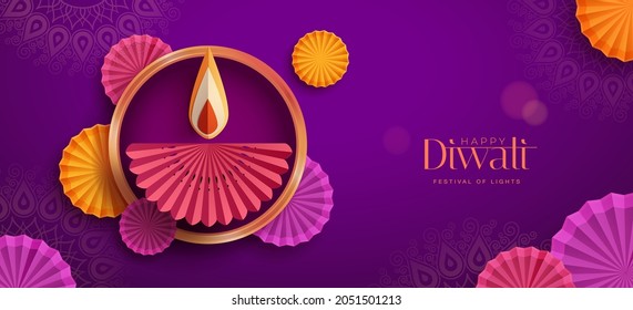 Happy Diwali. Paper graphic of Indian Diya oil lamp design with round border frame on Indian festive theme big banner background. The Festival of Lights.