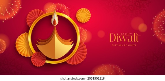 Happy Diwali. Paper graphic of Indian Diya oil lamp design with round border frame on Indian festive theme big banner background. The Festival of Lights.