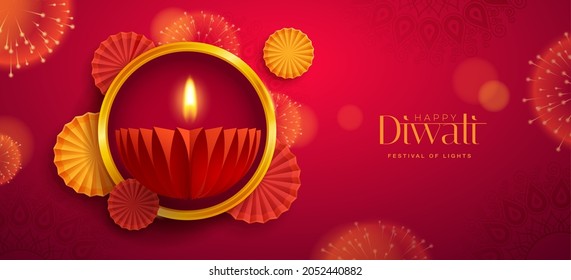 Happy Diwali. Paper graphic of Indian Diya oil lamp design with round border frame on Indian festive theme big banner background. The Festival of Lights.