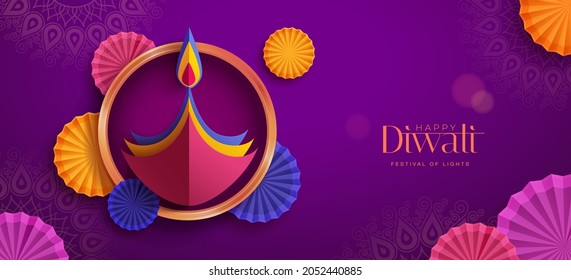 Happy Diwali. Paper graphic of Indian Diya oil lamp design with round border frame on Indian festive theme big banner background. The Festival of Lights.