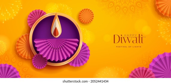 Happy Diwali. Paper graphic of Indian Diya oil lamp design with round border frame on Indian festive theme big banner background. The Festival of Lights.