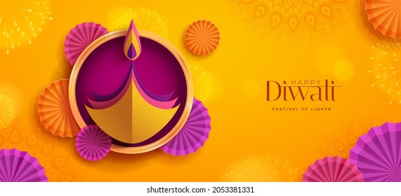 Happy Diwali. Paper graphic of Indian Diya oil lamp design with round border frame on Indian festive theme big banner background. The Festival of Lights.