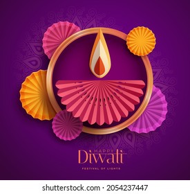 Feliz Diwali. Gráfico de papel del diseño de lámparas de aceite de la Diya India con marco de borde redondo. El Festival de las Luces.