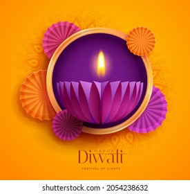 Happy Diwali. Paper Graphic Of Indian Diya Oil Lamp Design With Round Border Frame. The Festival Of Lights.