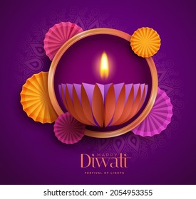 Happy Diwali. Paper graphic of Indian Diya oil lamp design with round border frame. The Festival of Lights.