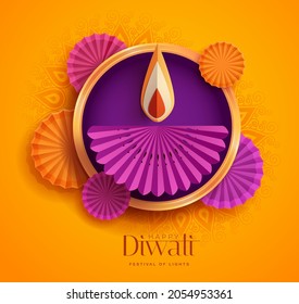 Happy Diwali. Paper Graphic Of Indian Diya Oil Lamp Design With Round Border Frame. The Festival Of Lights.