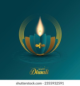 Happy Diwali. Paper graphic of Indian Diya oil lamp design with round border frame on Indian festive theme big banner background. The Festival of Lights.