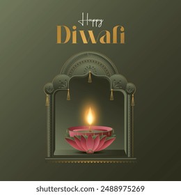 Feliz Diwali. Gráfico de papel de diseño de lámpara de aceite de India Diya con marco de ventana de borde dorado. El Festival de las Luces.