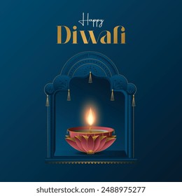 Happy Diwali. Paper graphic of Indian Diya oil lamp design with gold border window frame. The Festival of Lights.