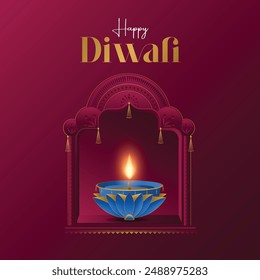 Feliz Diwali. Gráfico de papel de diseño de lámpara de aceite de India Diya con marco de ventana de borde dorado. El Festival de las Luces.