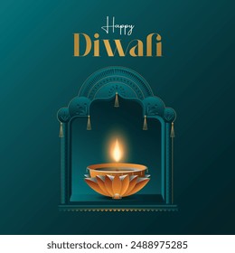 Feliz Diwali. Gráfico de papel de diseño de lámpara de aceite de India Diya con marco de ventana de borde dorado. El Festival de las Luces.