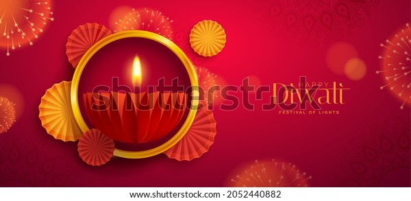Happy Diwali. Paper graphic of Indian\
Diya oil lamp design with round border frame on Indian festive\
theme big banner background. The Festival of\
Lights.