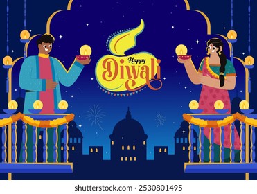 Gente de HAPPY DIWALI celebrando ilustración