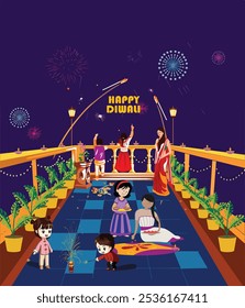 HAPPY DIWALI people celebrating illustration.