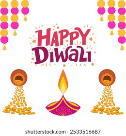 Happy Diwali Playful Typography with Diwali Money Pot and Diya Graphics, Festive Design Perfect for Celebrating the Festival of Lights and Enhancing Your Decorations