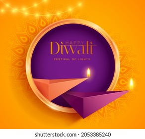 Happy Diwali. Polygonal Indian Diya oil lamp design with round border frame. The Festival of Lights.