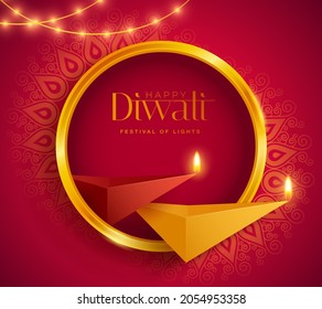 Happy Diwali. Polygonal Indian Diya oil lamp design with round border frame. The Festival of Lights.