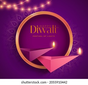 Happy Diwali. Polygonal Indian Diya oil lamp design with round border frame. The Festival of Lights.