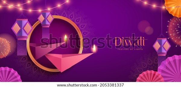 Happy Diwali. Polygonal Indian Diya oil lamp\
design with round border frame on Indian festive theme big banner\
background. The Festival of\
Lights.