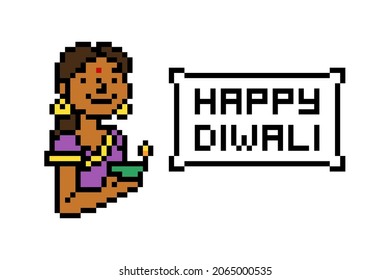 Happy Diwali, portrait of indian woman with Diya lamp, 8 bit pixel art character isolated on white background.Festival of lights banner.Old school retro 2d computer, video game, slot machine graphics.