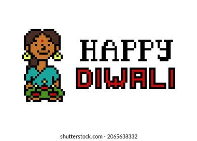 Happy Diwali, portrait of indian woman with Diya lamps, 8 bit pixel art character isolated on white background.Festival of lights banner.Old school retro 2d computer, video game, slot machine graphics
