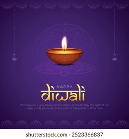 Happy Diwali Post and Greeting Card. Hindu Festival Happy Deepawali Celebration Poster Design with Diya and Mandala Vector Illustration