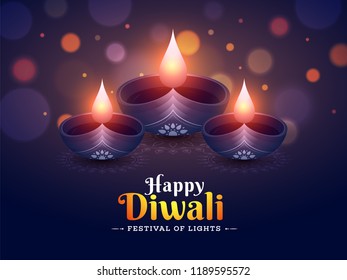 Happy Diwali poster or banner design with illuminated oil lamps on blurred lighting background.