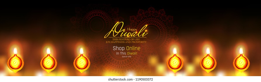 Happy Diwali poster or banner design with illuminated oil lamps on blurred lighting background .Diwali Greetings, Modern Diwali Greetings.