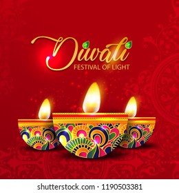 Happy Diwali poster or banner design with illuminated oil lamps on blurred lighting background .Diwali Greetings, Modern Diwali Greetings.