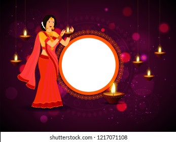 Happy Diwali poster or banner design, young woman decorate illuminated oil lamps on purple bokeh background.