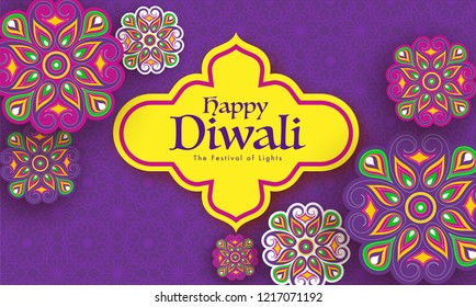 Happy Diwali poster or banner design decorated with paper flowers on purple background.