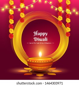 Feliz diseño de afiche o pancarta Diwali con ilustración de lámpara de aceite en fondo abstracto y mensaje que difundes la luz de alegría